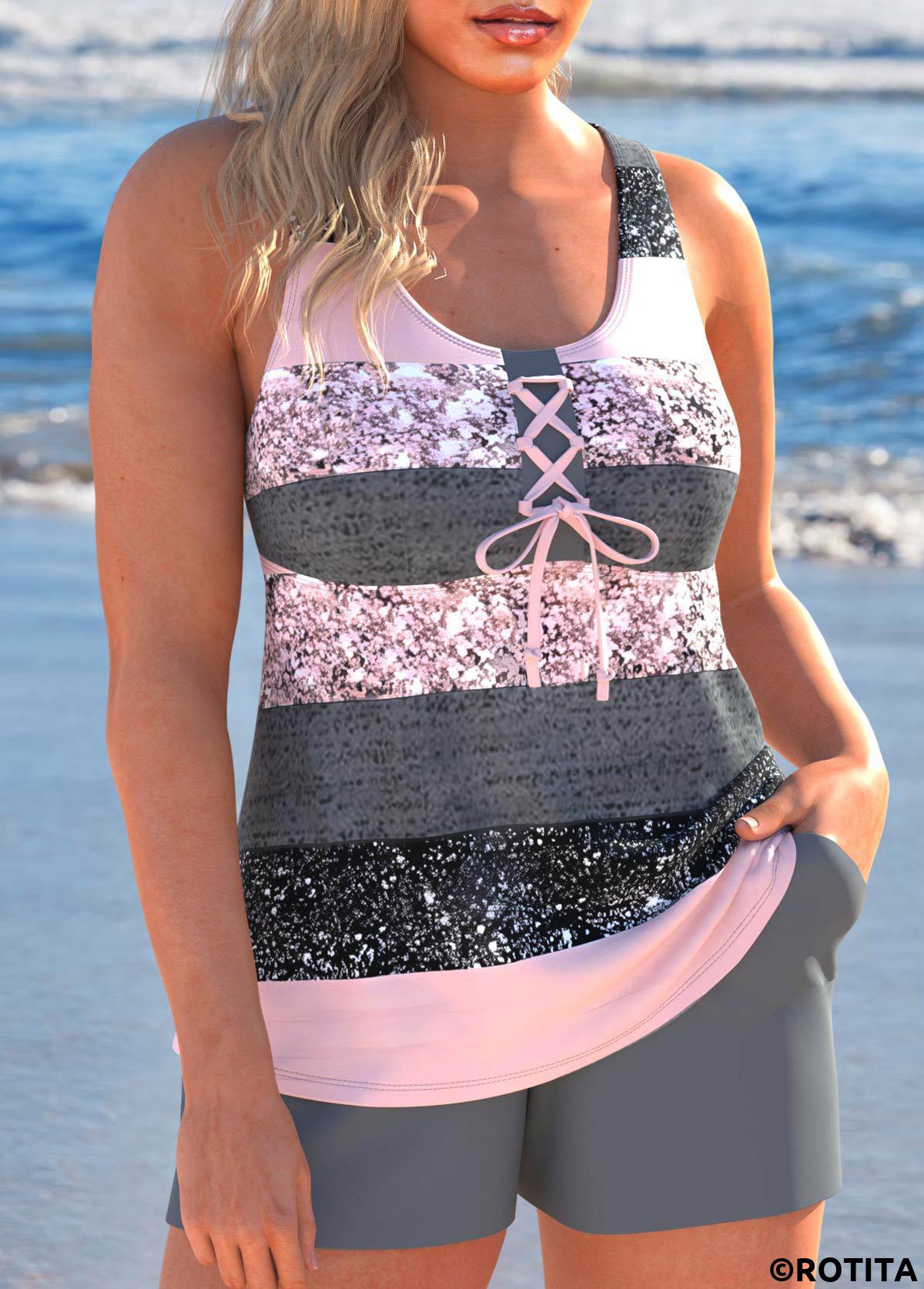 Grey plus size,Striped plus size,Geometric plus size,ROTITA Plus Size Lace Up Multi Stripe Print Tankini Set