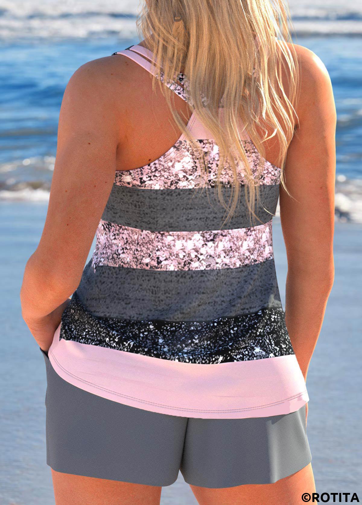 Grey plus size,Striped plus size,Geometric plus size,ROTITA Plus Size Lace Up Multi Stripe Print Tankini Set