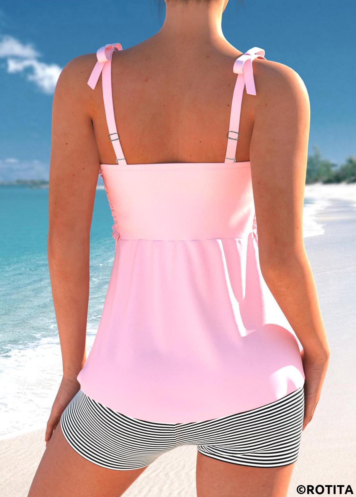 Pink swimwear,Striped swimwear,Geometric swimwear,ROTITA Bowknot Patchwork Pink Striped Tankini Set