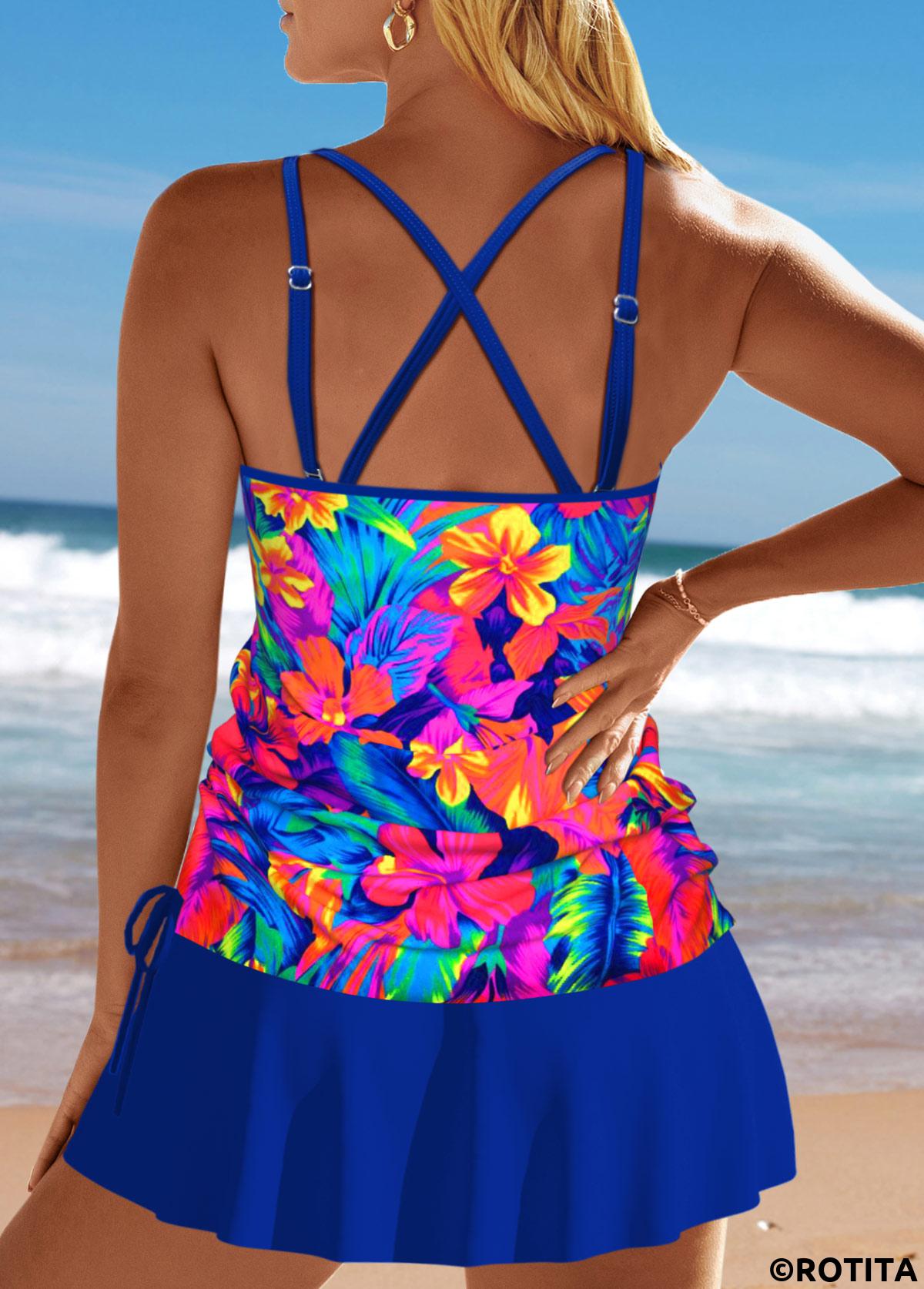 Royal Blue swimwear,Floral swimwear,Plants swimwear,ROTITA Criss Cross Royal Blue Floral Print Tankini Set