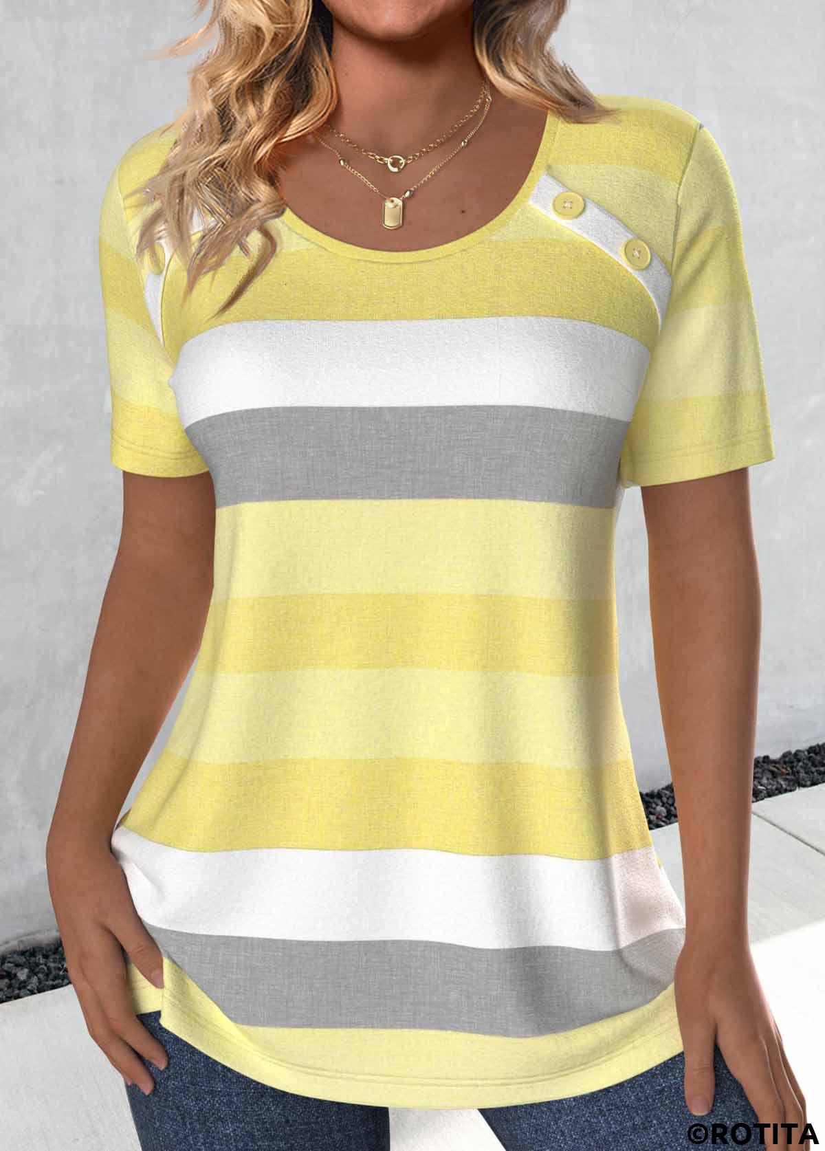 Light Yellow plus size,Striped plus size,Geometric plus size,ROTITA Plus Size Button Light Yellow Striped T Shirt