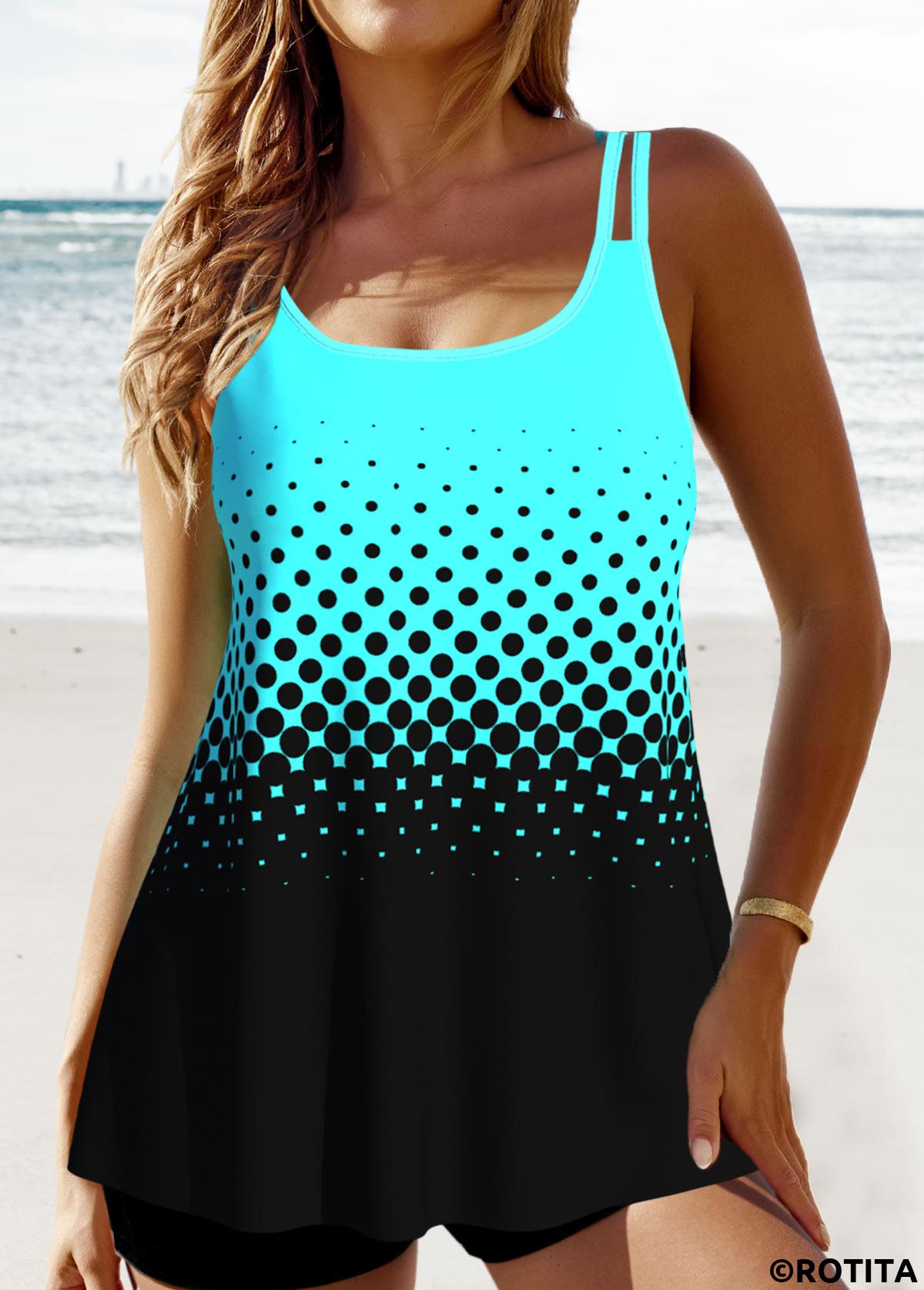 Cyan swimwear,Ombre swimwear,Dot swimwear,ROTITA Patchwork Double Straps Cyan Ombre Tankini Top