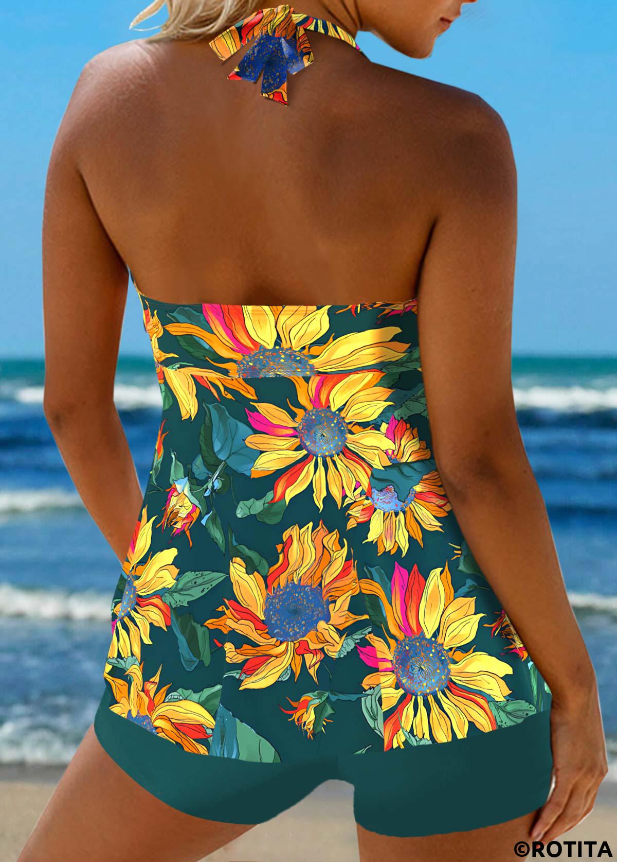 Blackish Green swimwear,Yellow swimwear,Floral swimwear,Plants swimwear,ROTITA Criss Cross Blackish Green Floral Print Tankini Set