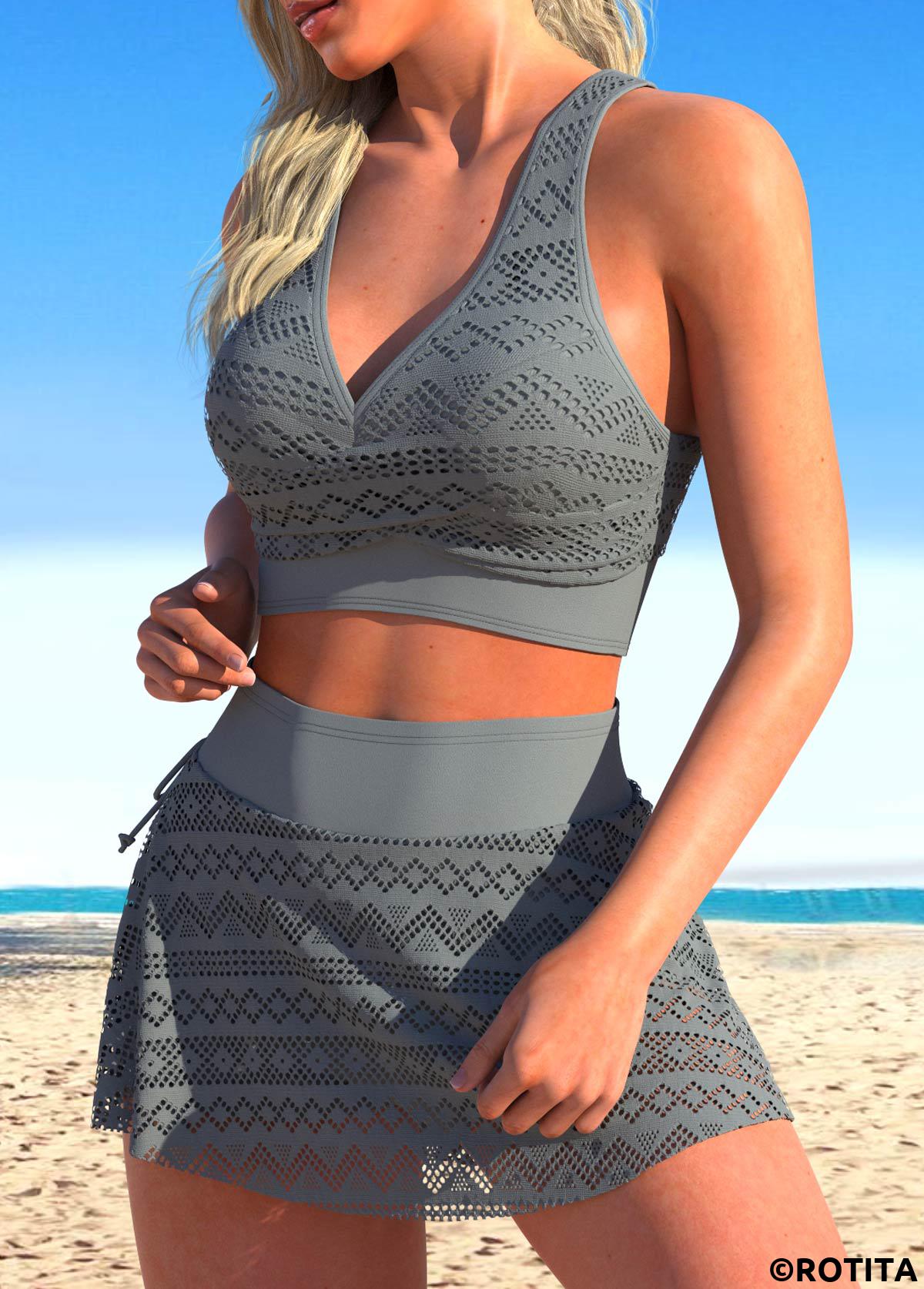 Dark Grey swimwear,Plain Color swimwear,ROTITA Criss Cross Patchwork Dark Grey Bikini Set