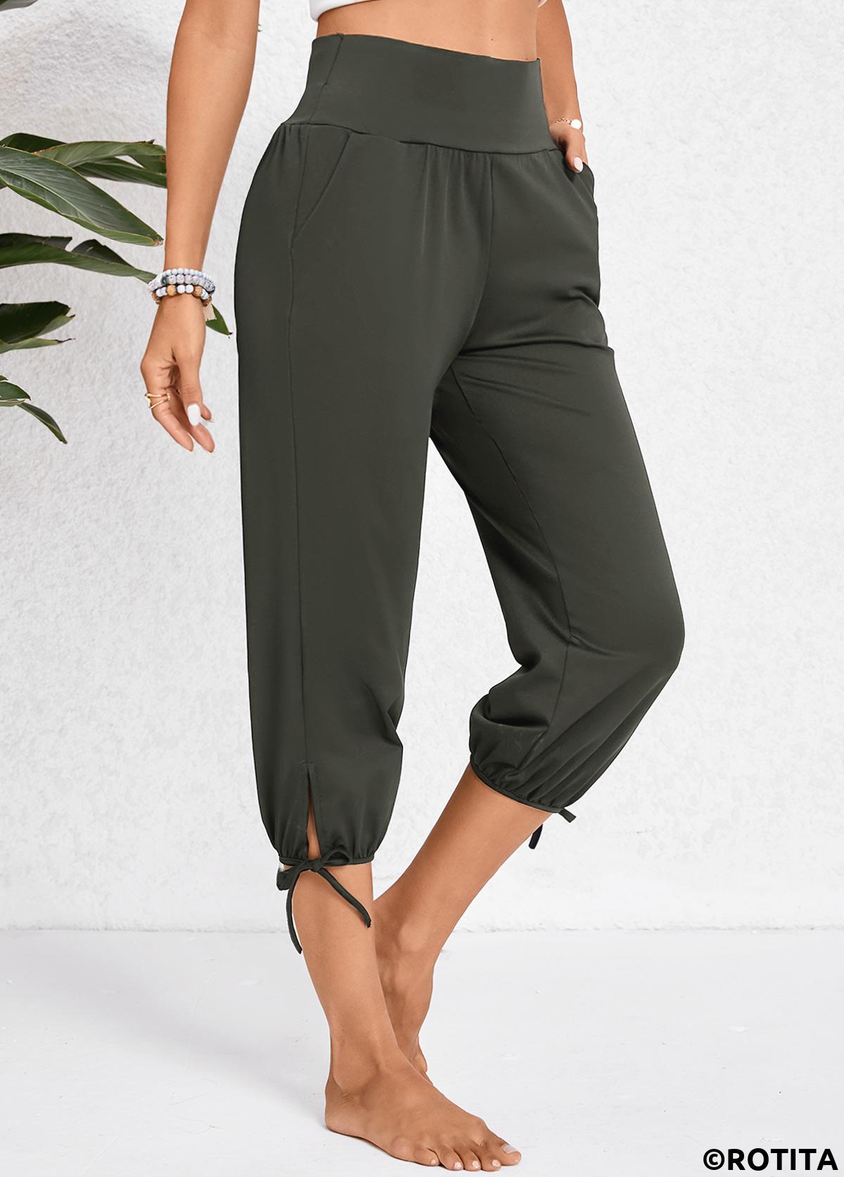 Dark Grey bottoms,Plain Color bottoms,Pocket Jogger Elastic Waist High Waisted Dark Grey Pants