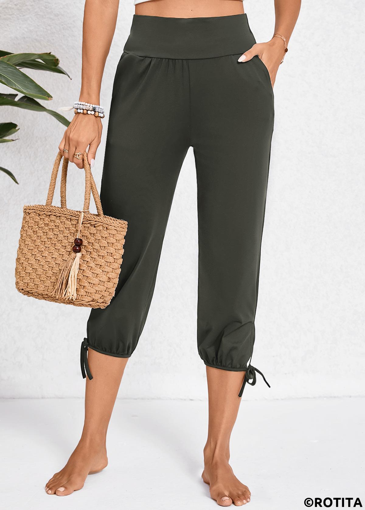 Dark Grey bottoms,Plain Color bottoms,Pocket Jogger Elastic Waist High Waisted Dark Grey Pants