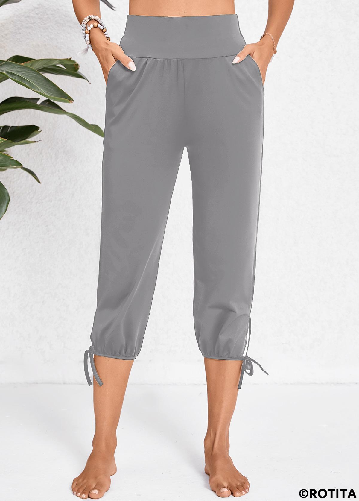 Dark Grey bottoms,Plain Color bottoms,Pocket Jogger Elastic Waist High Waisted Dark Grey Pants