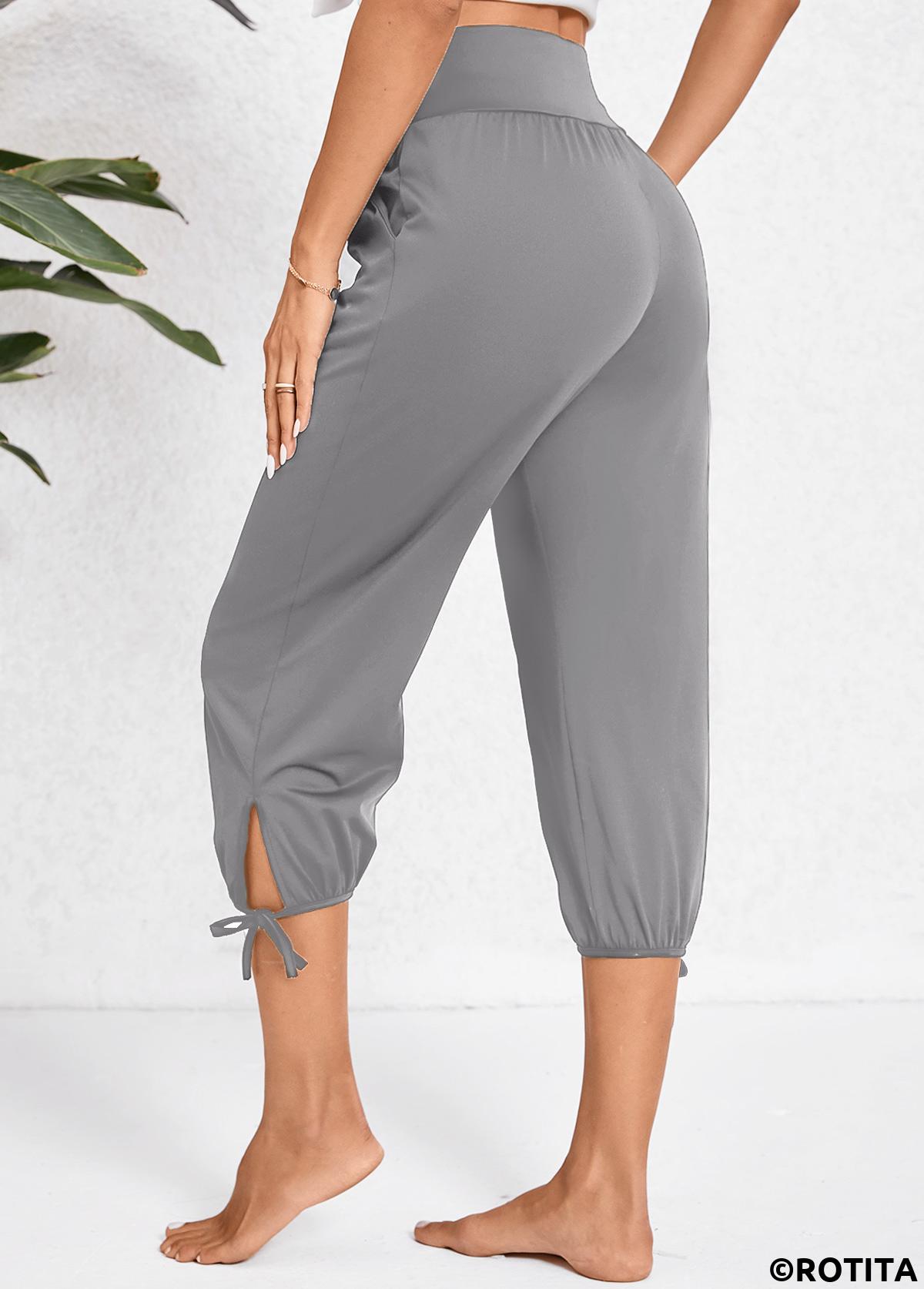 Dark Grey bottoms,Plain Color bottoms,Pocket Jogger Elastic Waist High Waisted Dark Grey Pants