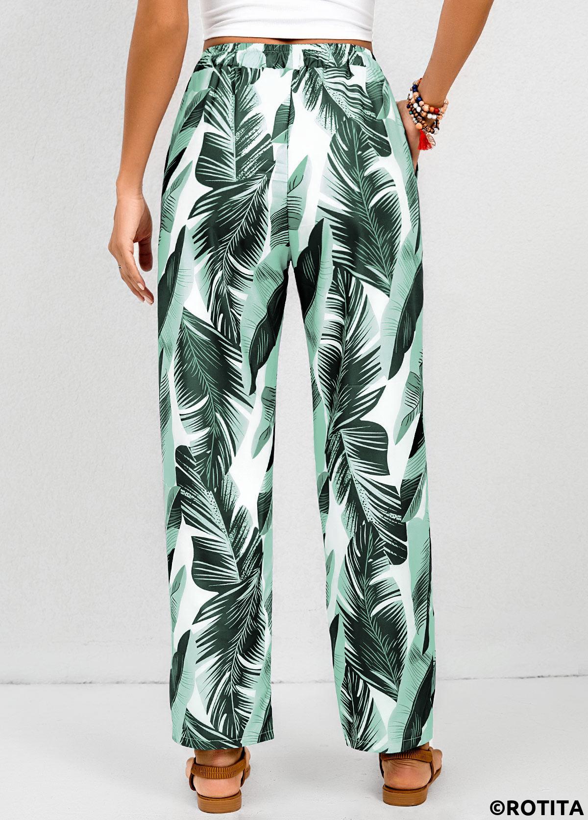 Green bottoms,Tribal bottoms,Ombre bottoms,Pocket Feathers Print Green Elastic Waist High Waisted Pants