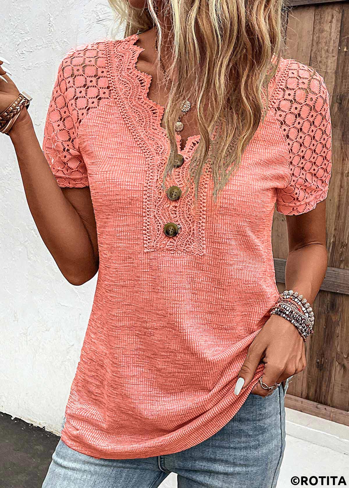 Orange tops,Plain Color tops,ROTITA Lace Orange V Neck Short Sleeve T Shirt