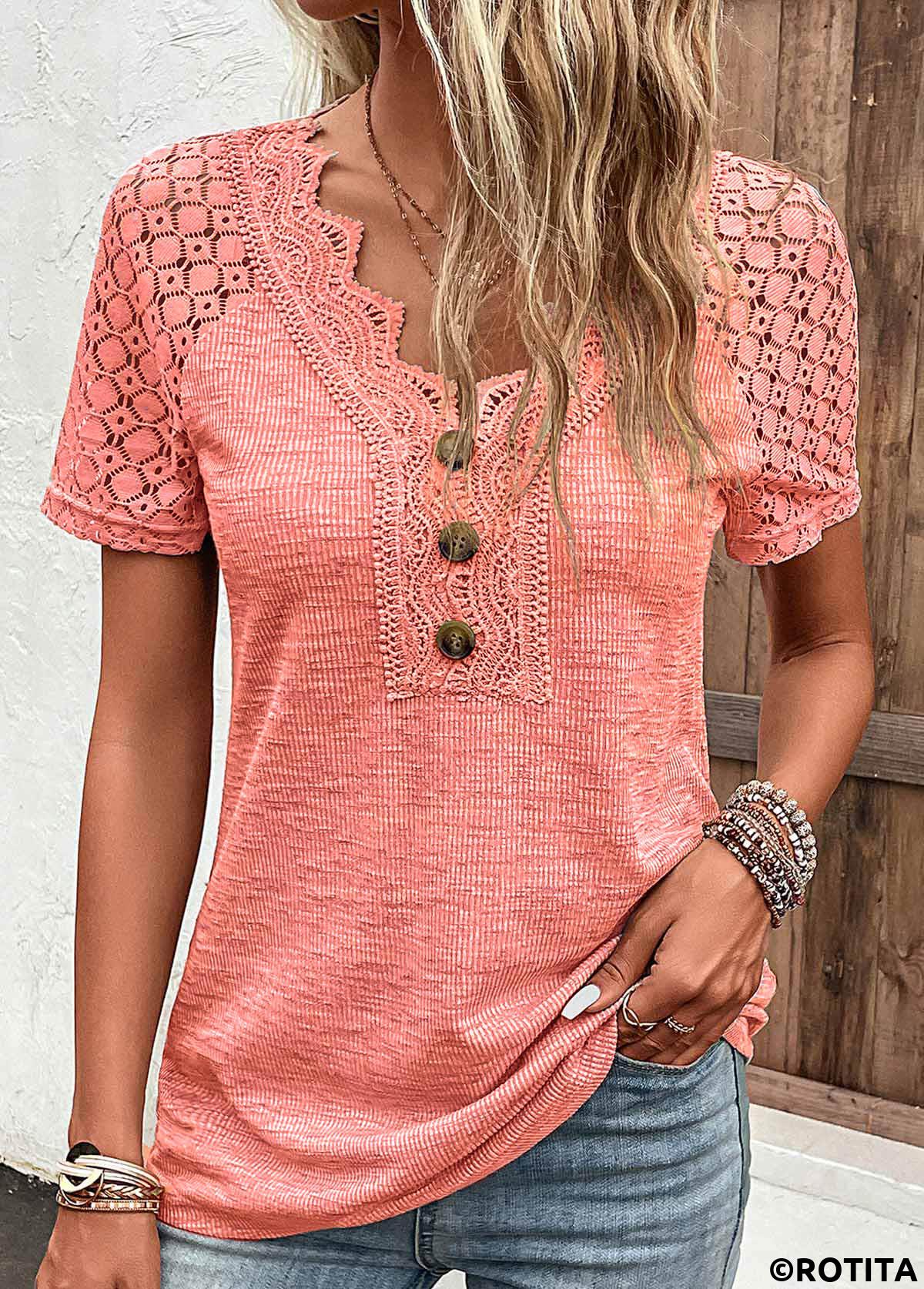 Orange tops,Plain Color tops,ROTITA Lace Orange V Neck Short Sleeve T Shirt