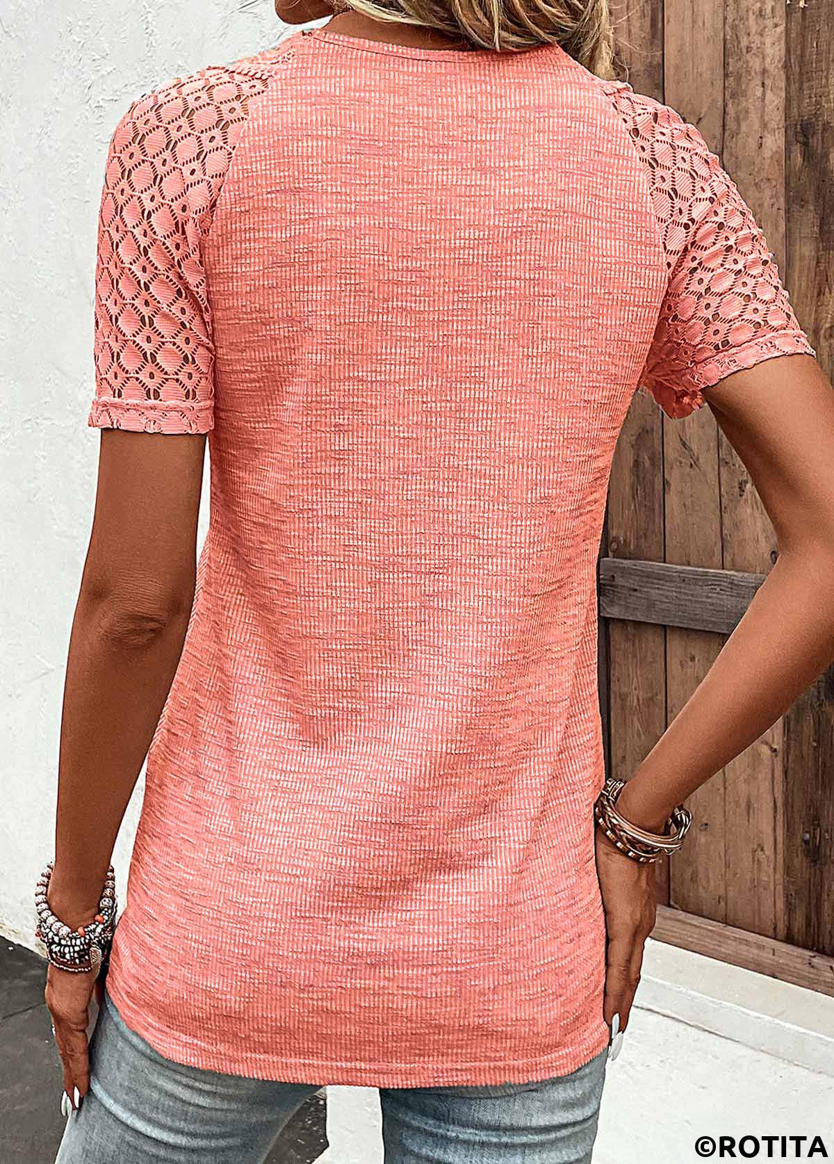 Orange tops,Plain Color tops,ROTITA Lace Orange V Neck Short Sleeve T Shirt