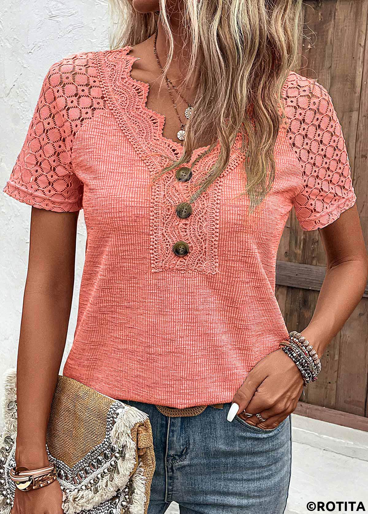 Orange tops,Plain Color tops,ROTITA Lace Orange V Neck Short Sleeve T Shirt