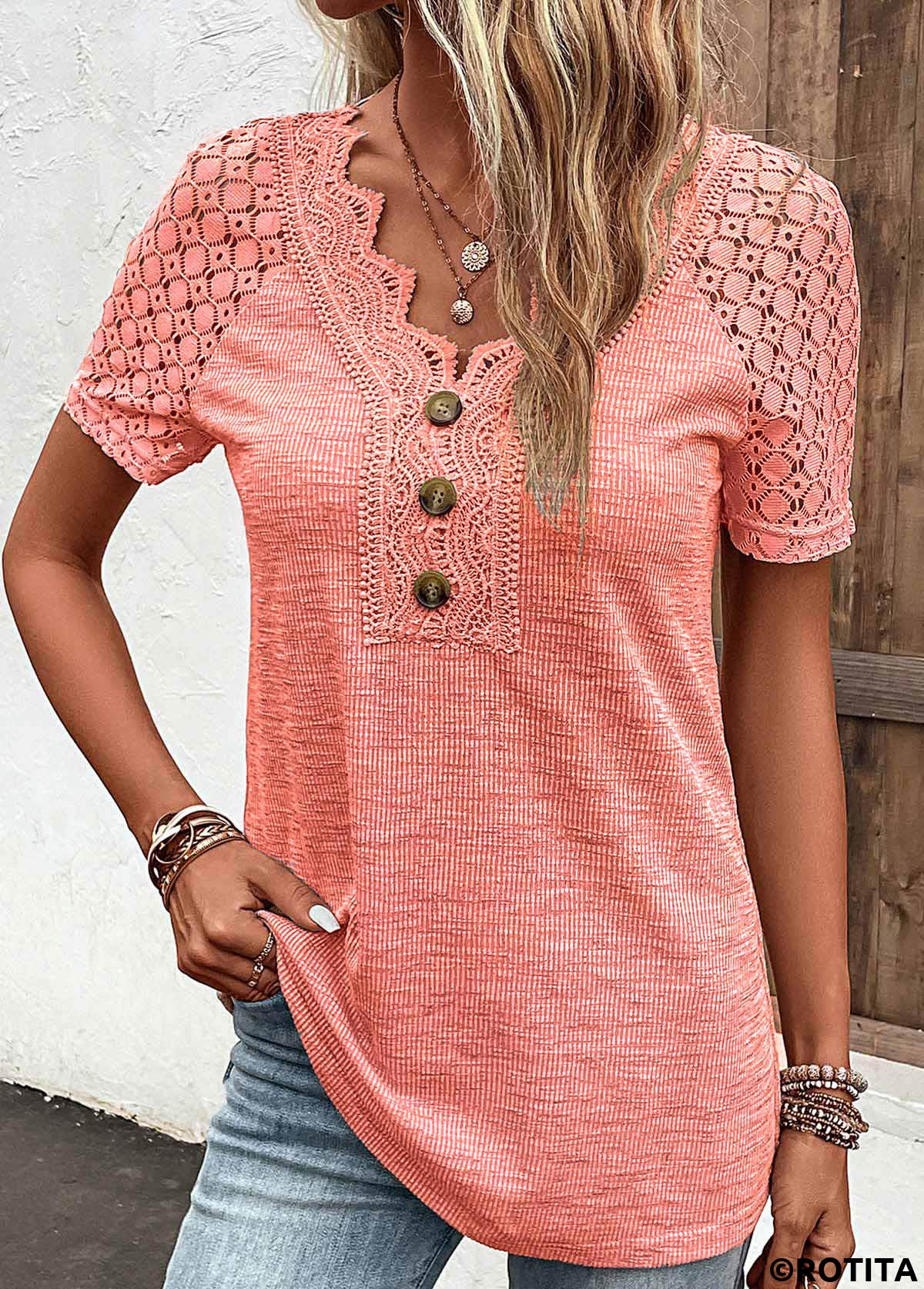 Orange tops,Plain Color tops,ROTITA Lace Orange V Neck Short Sleeve T Shirt