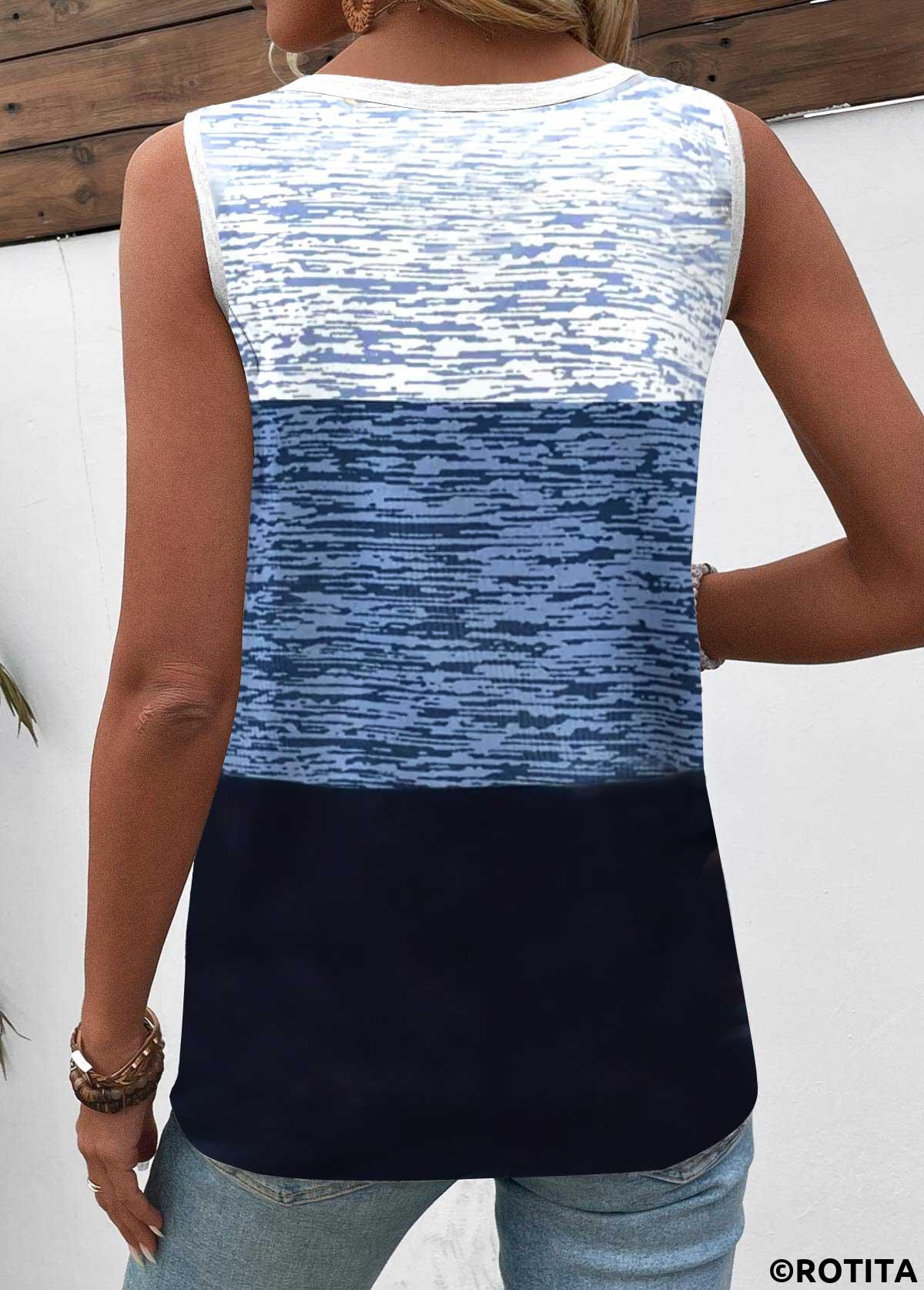 ROTITA Patchwork Geometric Print Blue Round Neck Sleeveless Tank Top