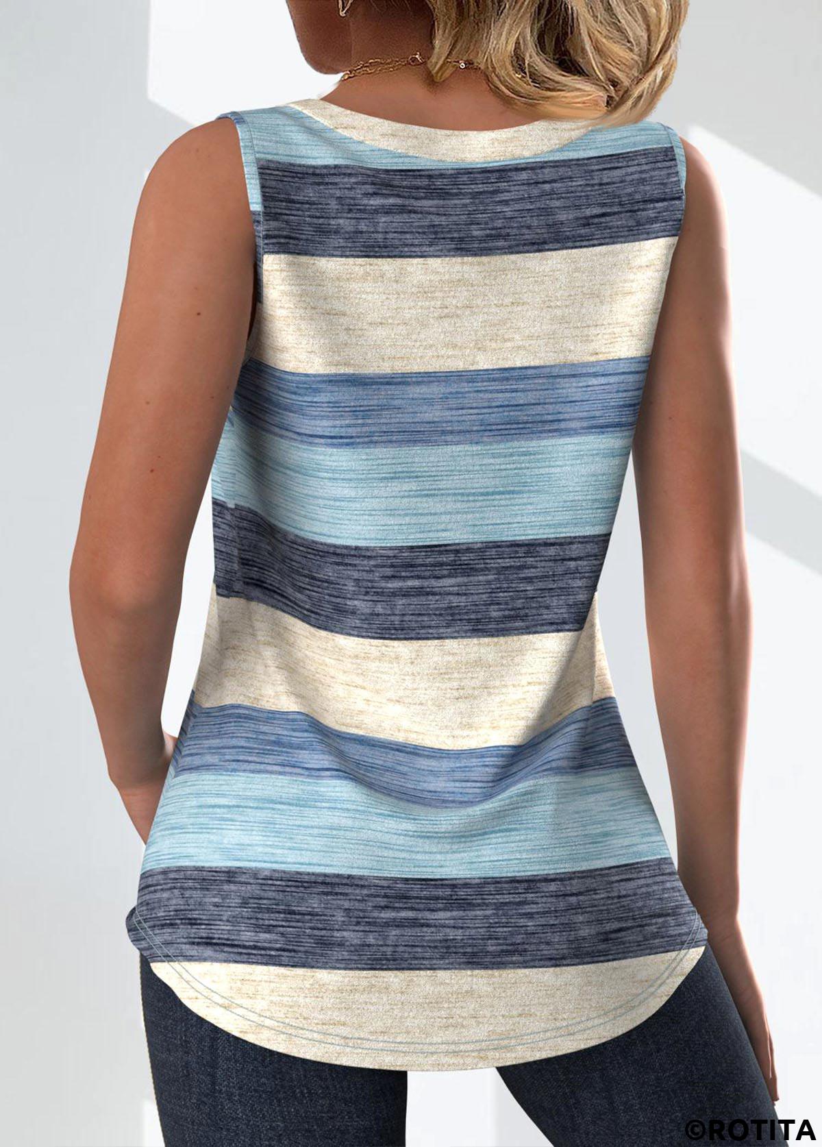 Light Blue plus size,Dusty Blue plus size,Striped plus size,Geometric plus size,ROTITA Plus Size Button Light Blue Striped Sleeveless Tank Top