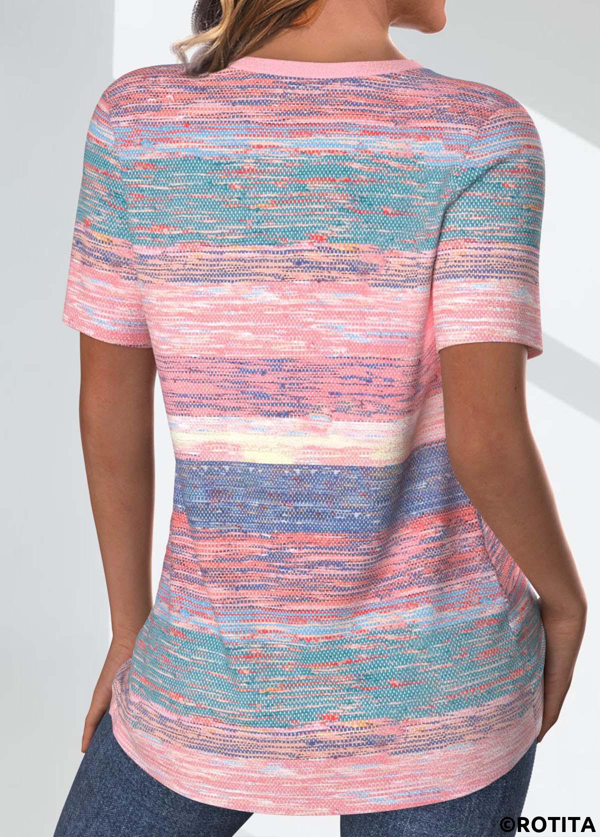 Pink tops,Striped tops,Geometric tops,ROTITA Criss Cross Striped Pink V Neck T Shirt
