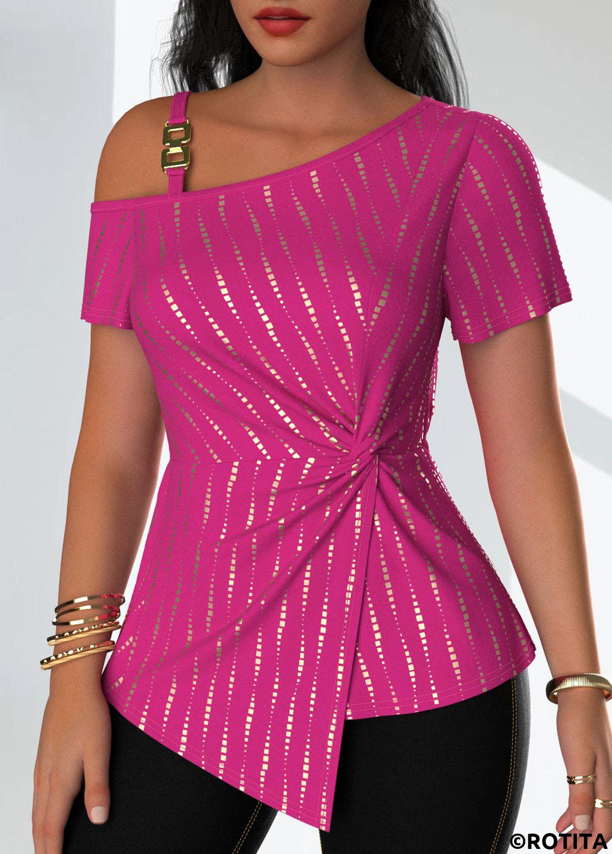 Hot Pink tops,Dot tops,ROTITA Hot Stamping Polka Dot One Shoulder T Shirt