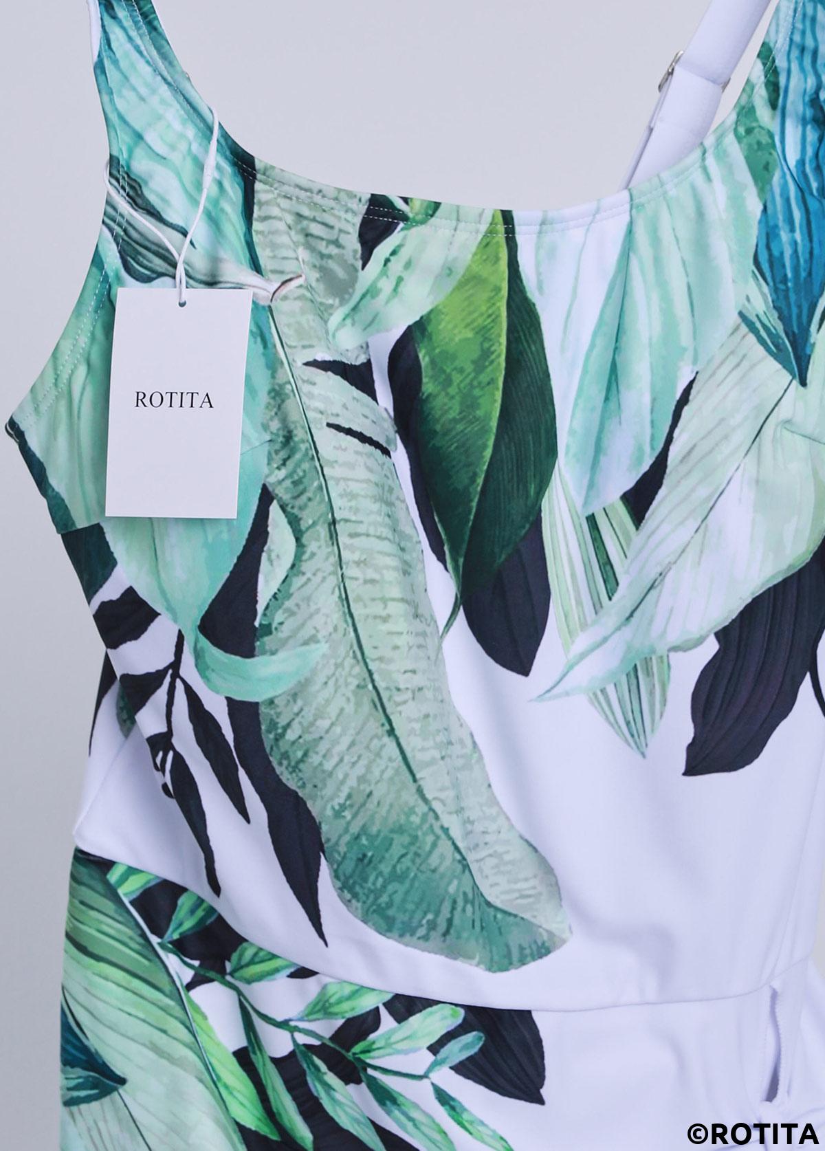 White swimwear,Green swimwear,Plants swimwear,ROTITA Tie White Tropical Plants Print One Piece Swimdress
