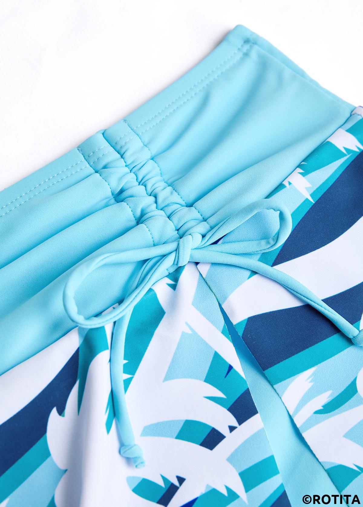 Cyan swimwear,Plants swimwear,ROTITA Cut Out Cyan Tropical Plants Print Tankini Set
