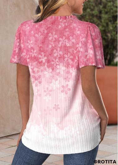 ROTITA Button Floral Print Pink Split Neck Short Sleeve Blouse