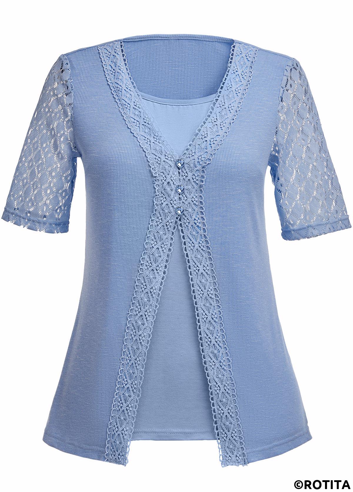 ROTITA Fake 2in1 Dusty Blue V Neck T Shirt