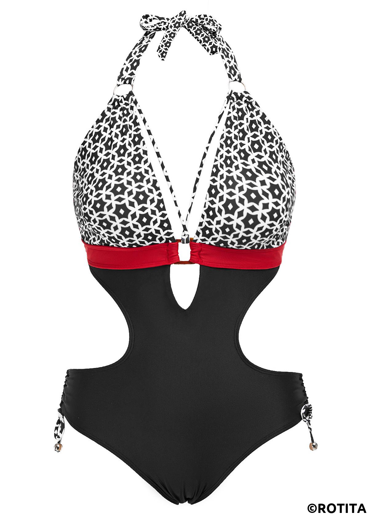 Black swimwear,White swimwear,Geometric swimwear,ROTITA Cut Out Black Geometric Print One Piece Swimwear