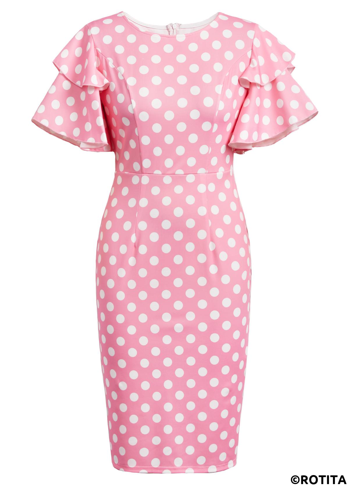 Pink dresses,White dresses,Dot dresses,Party dresses,Elegant dresses,ROTITA Layered Polka Dot Pink Round Neck Bodycon Dress
