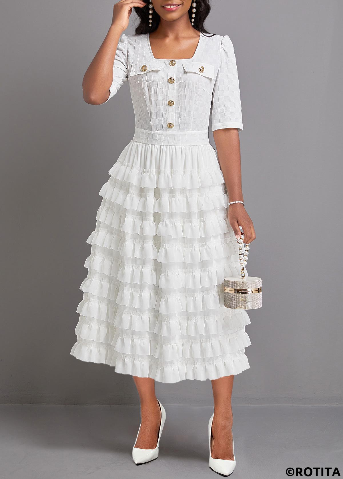 White dresses,Plain Color dresses,Party dresses,Elegant dresses,ROTITA Lightweight White Square Neck Half Sleeve Maxi Dress