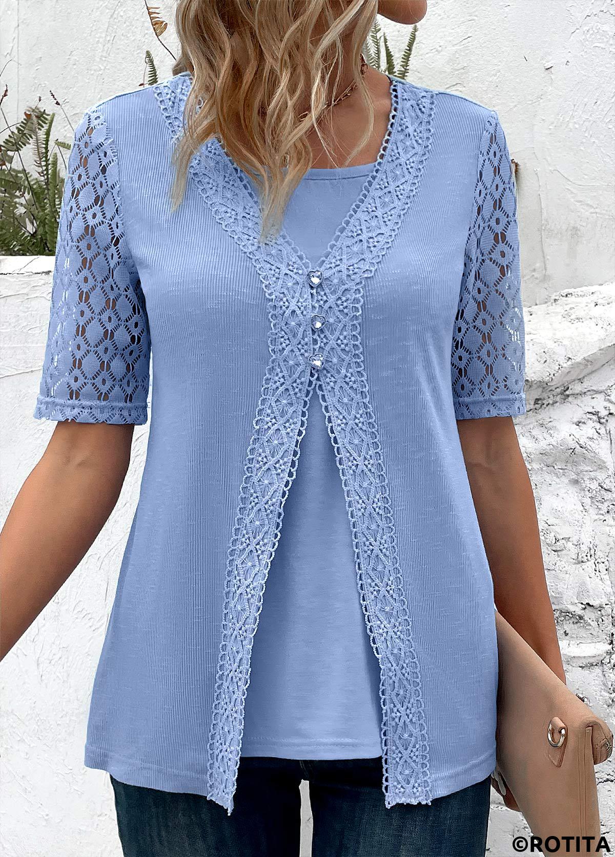 ROTITA Fake 2in1 Dusty Blue V Neck T Shirt