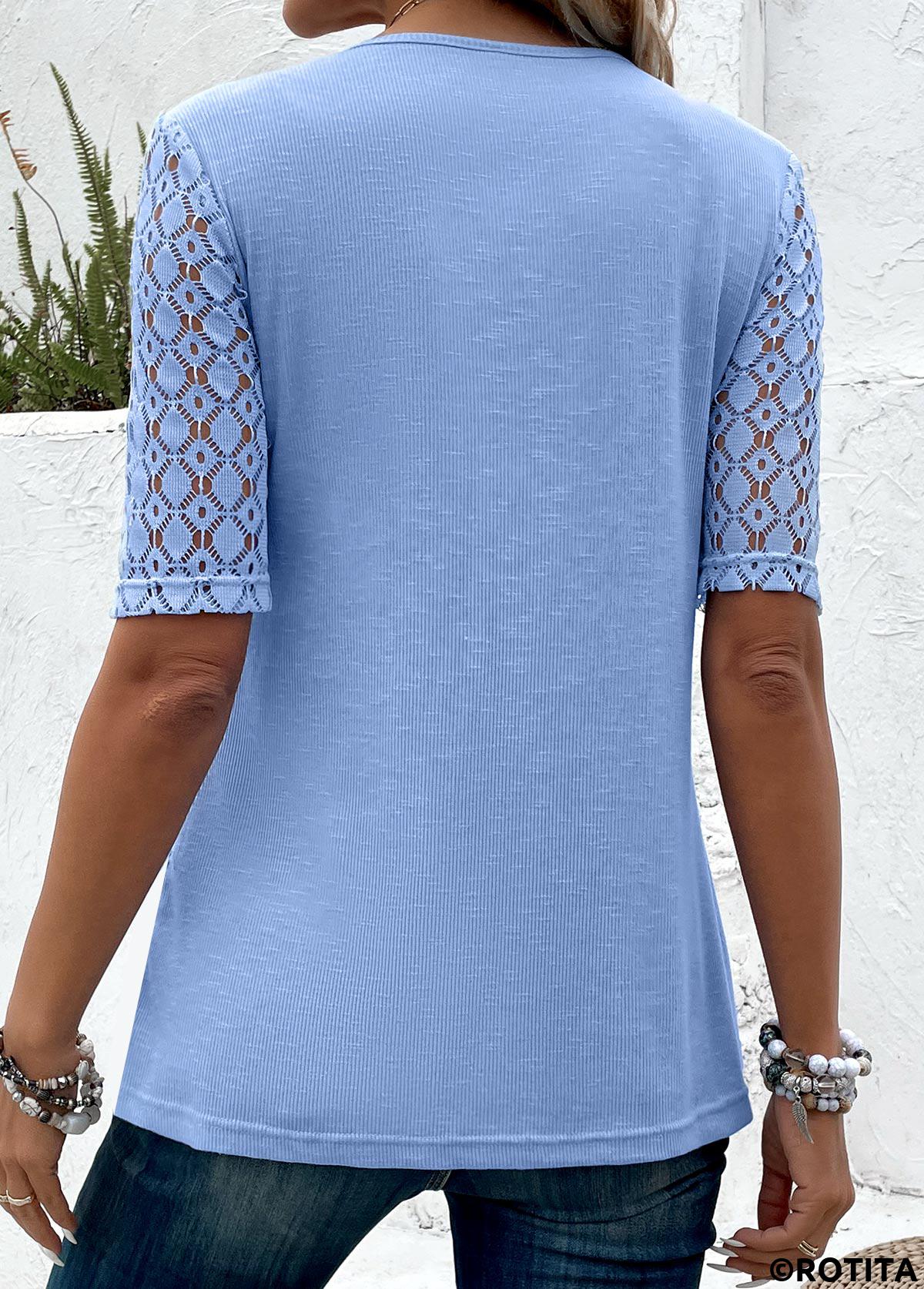 ROTITA Fake 2in1 Dusty Blue V Neck T Shirt