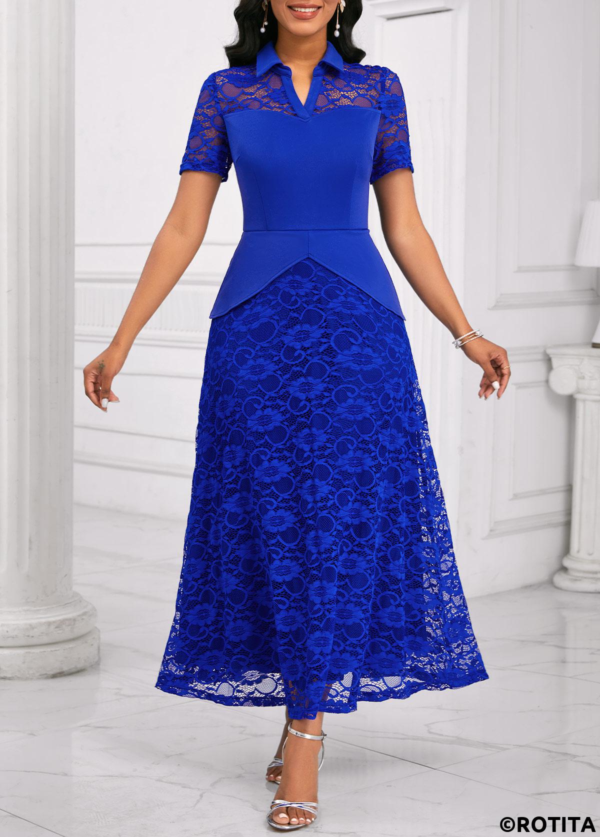 ROTITA Lace Royal Blue Shirt Collar Short Sleeve Maxi Dress