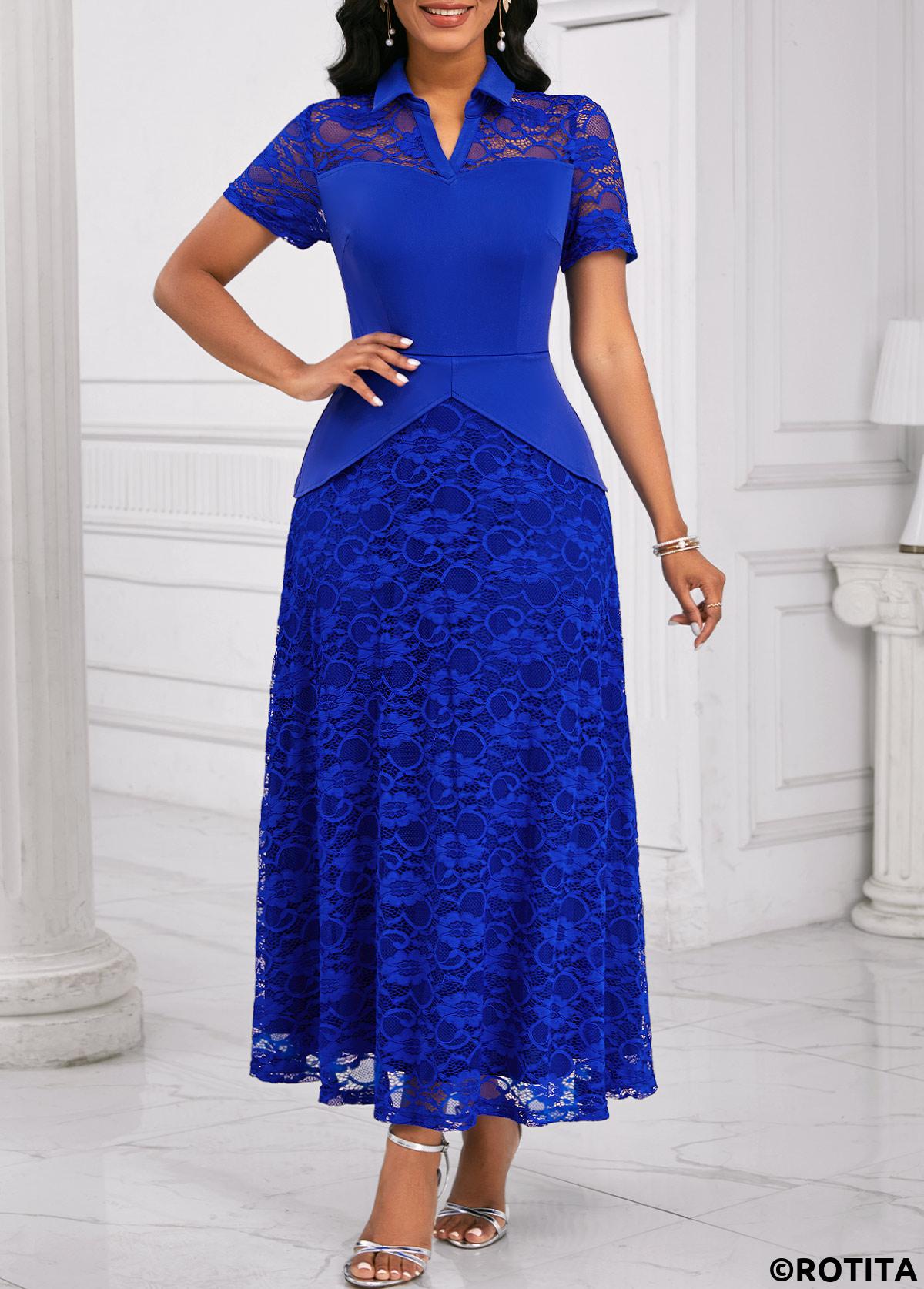 ROTITA Lace Royal Blue Shirt Collar Short Sleeve Maxi Dress