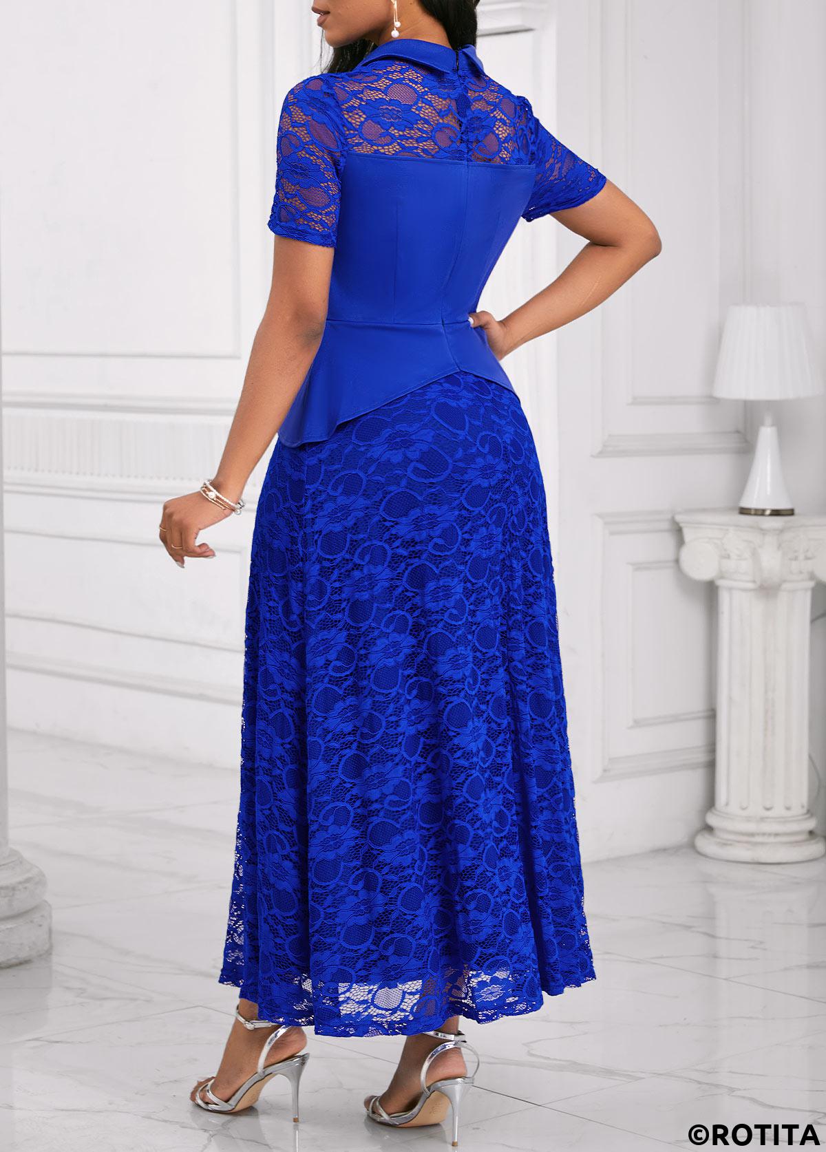Royal Blue dresses,Plain Color dresses,Party dresses,Elegant dresses,ROTITA Lace Royal Blue Shirt Collar Short Sleeve Maxi Dress