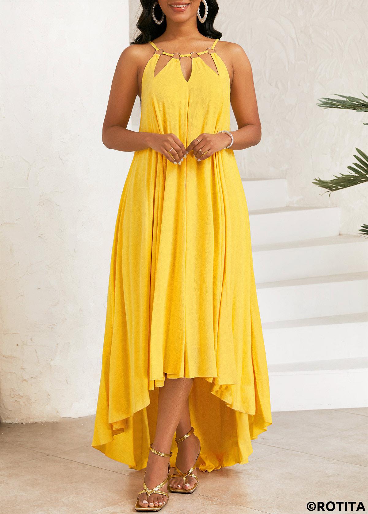 ROTITA Circular Ring High Low A Line Yellow Strappy Dress