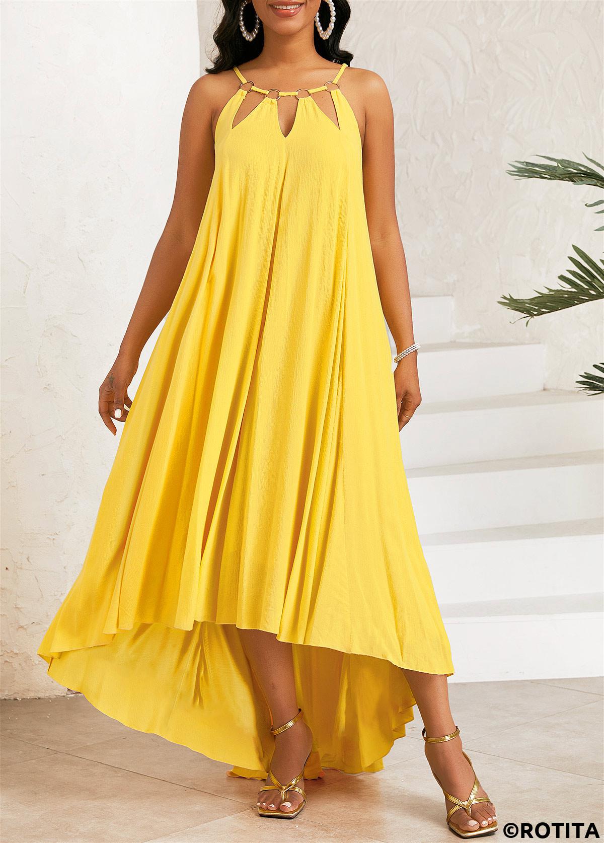 ROTITA Circular Ring High Low A Line Yellow Strappy Dress