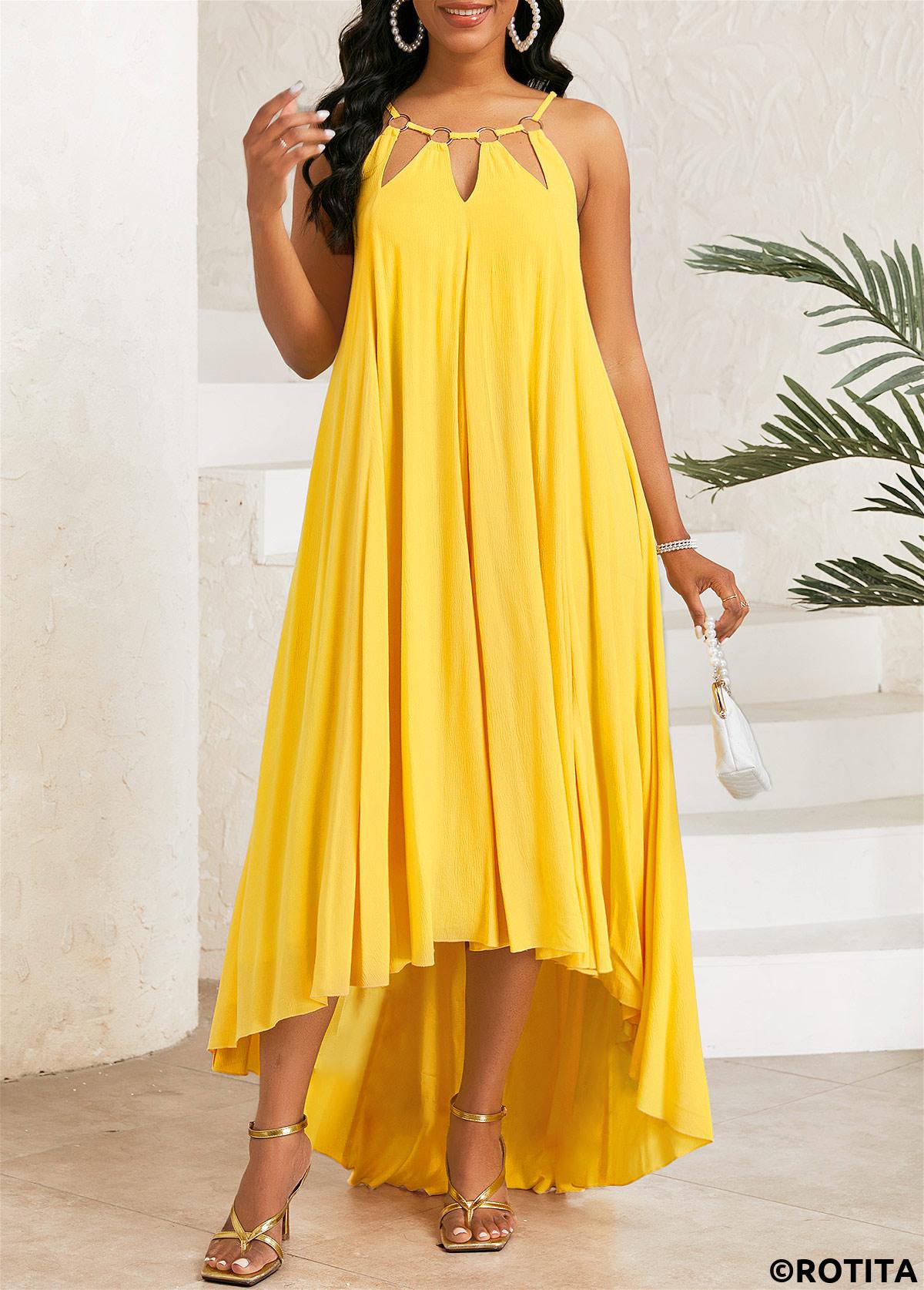 ROTITA Circular Ring High Low A Line Yellow Strappy Dress