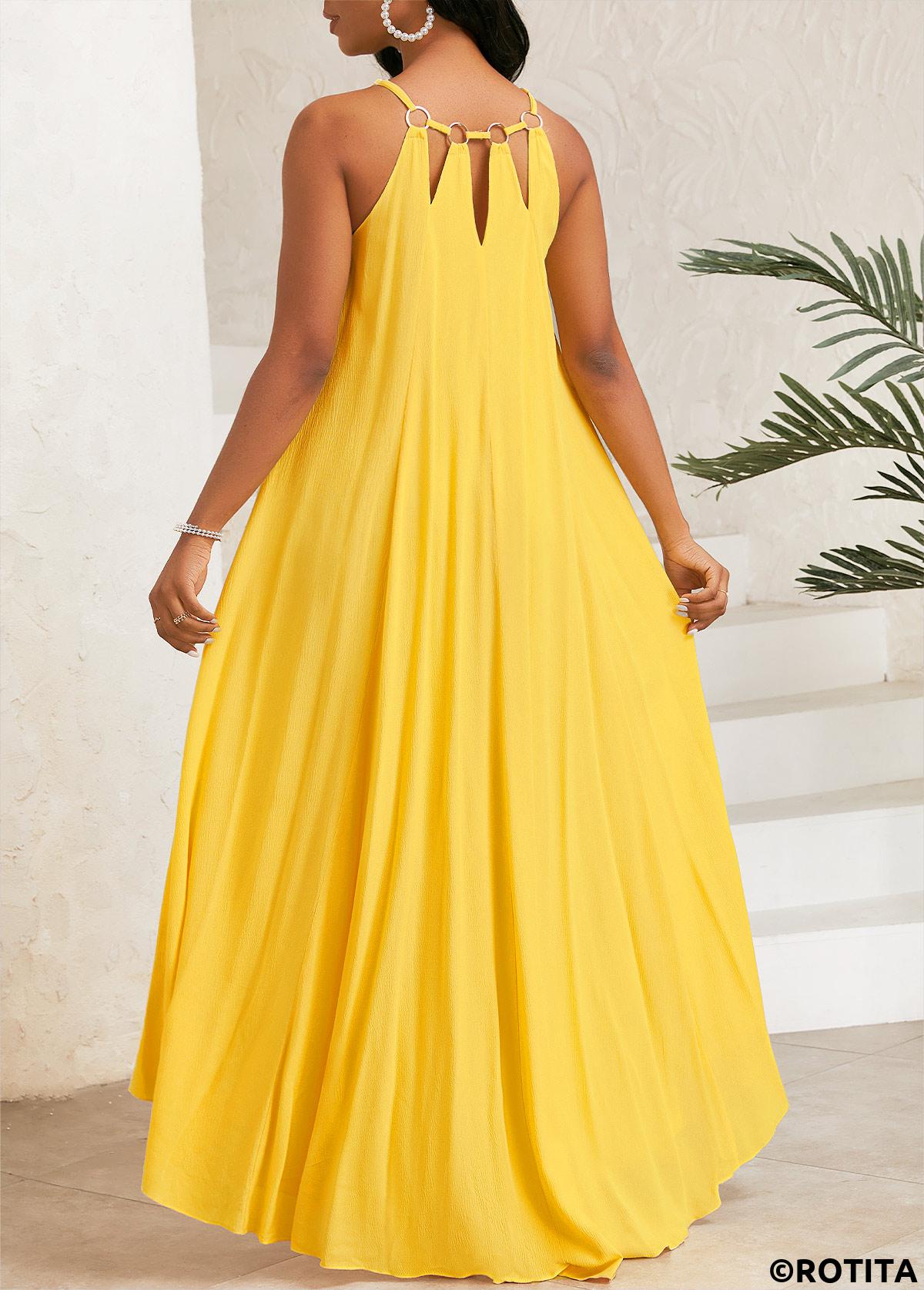 ROTITA Circular Ring High Low A Line Yellow Strappy Dress