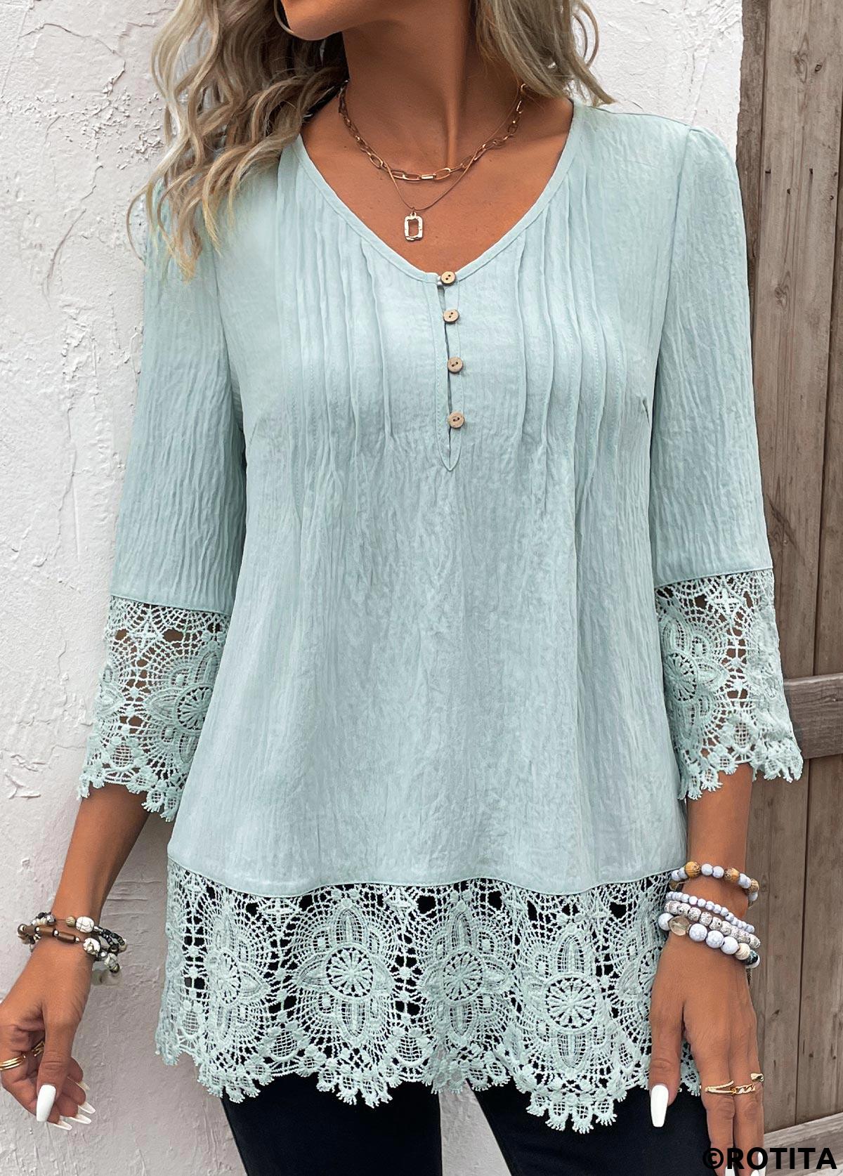 Light Green tops,Plain Color tops,ROTITA Tuck Stitch Light Green V Neck 3/4 Sleeve Blouse