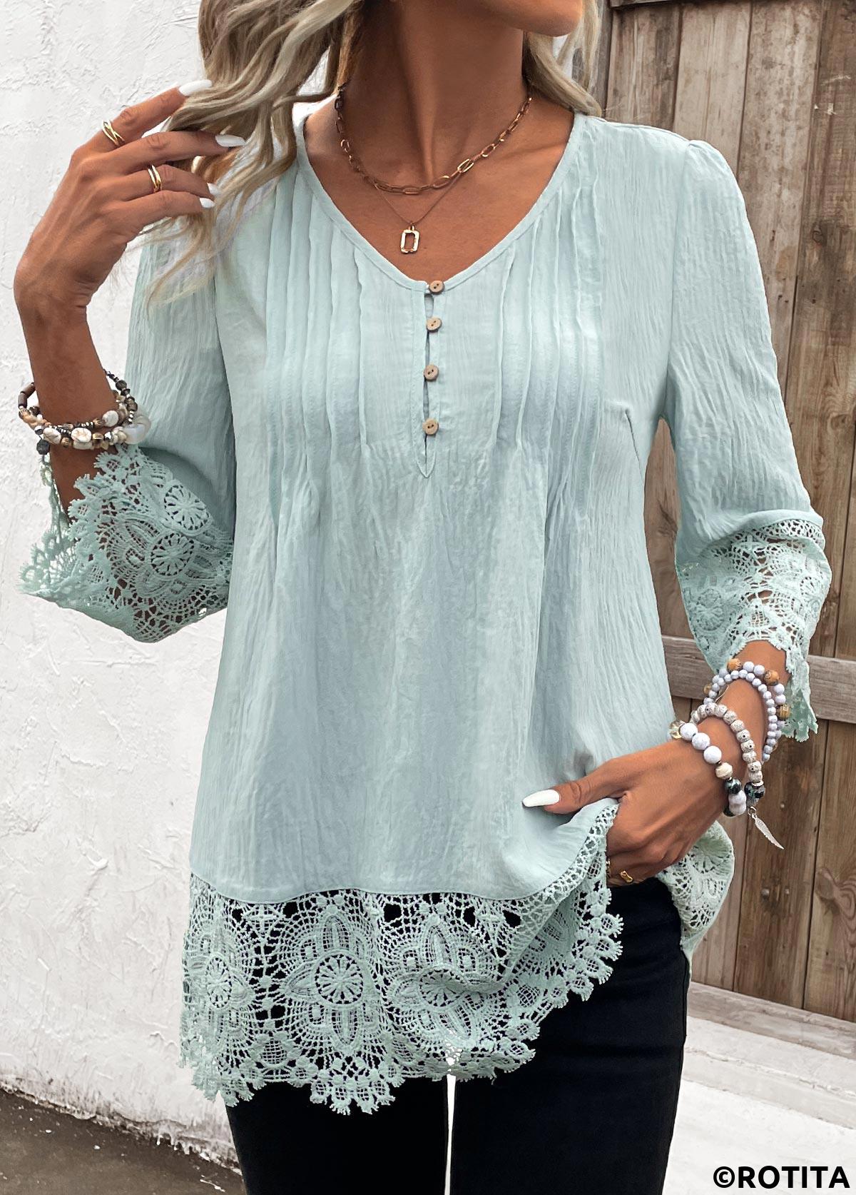 Light Green tops,Plain Color tops,ROTITA Tuck Stitch Light Green V Neck 3/4 Sleeve Blouse