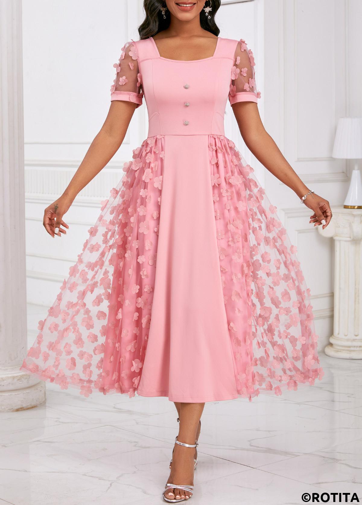 rotita burn out impression robe rose à manches courtes et col carré