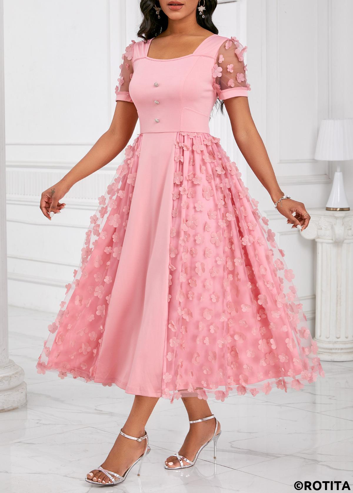 Pink dresses,Plain Color dresses,Party dresses,Elegant dresses,ROTITA Burn Out Printing Pink Square Neck Short Sleeve Dress