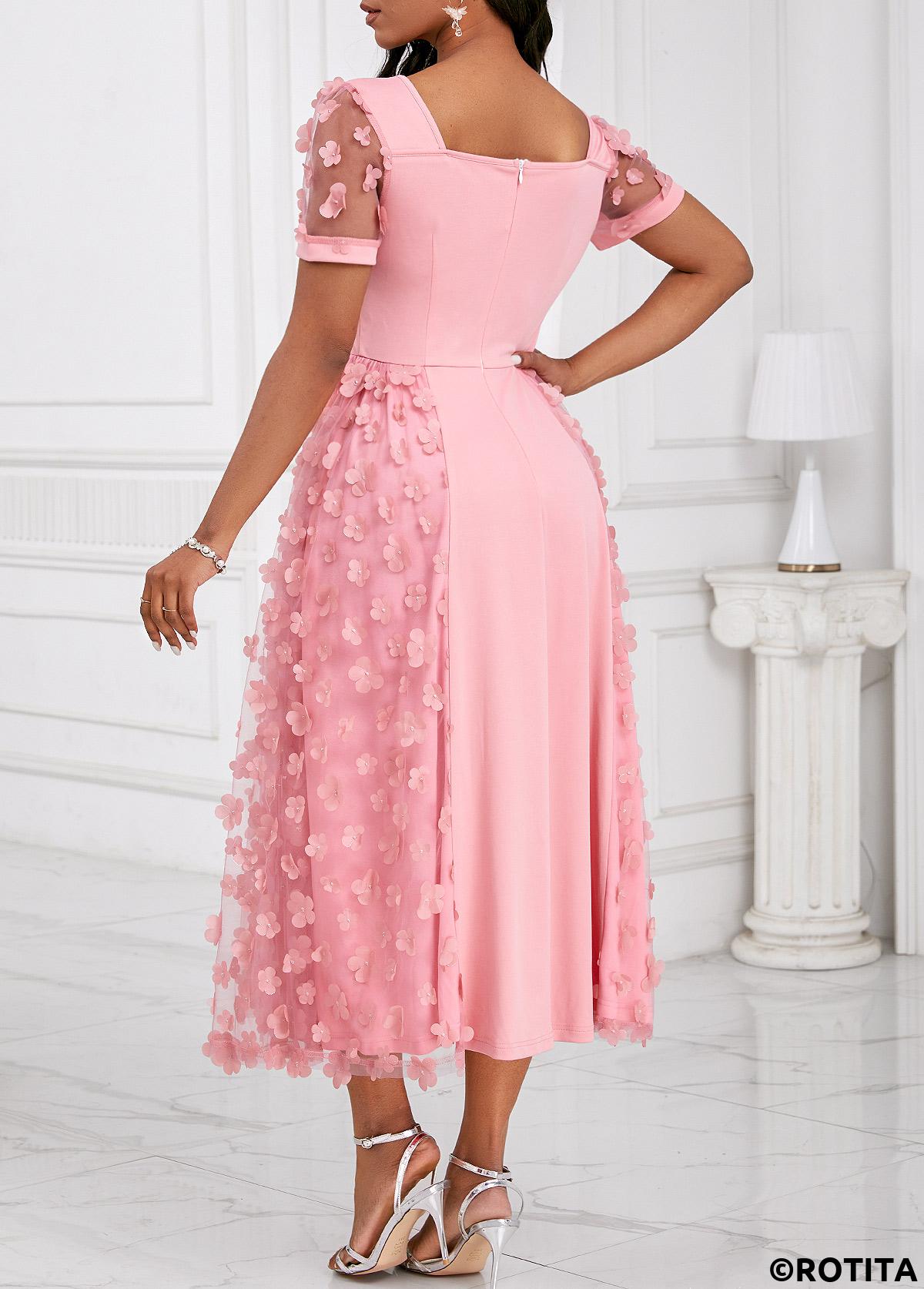 Pink dresses,Plain Color dresses,Party dresses,Elegant dresses,ROTITA Burn Out Printing Pink Square Neck Short Sleeve Dress