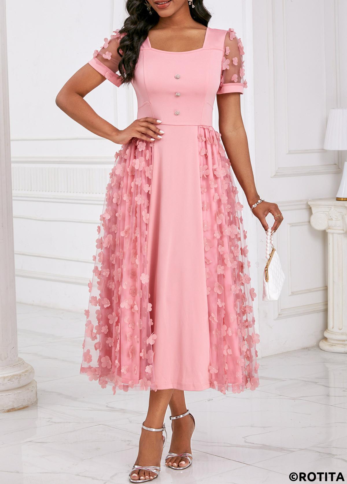 Pink dresses,Plain Color dresses,Party dresses,Elegant dresses,ROTITA Burn Out Printing Pink Square Neck Short Sleeve Dress