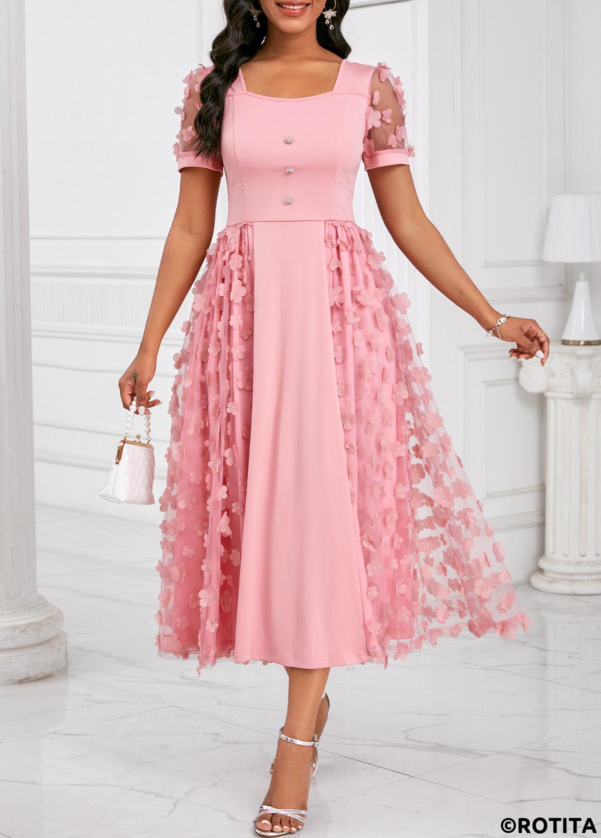 Pink dresses,Plain Color dresses,Party dresses,Elegant dresses,ROTITA Burn Out Printing Pink Square Neck Short Sleeve Dress