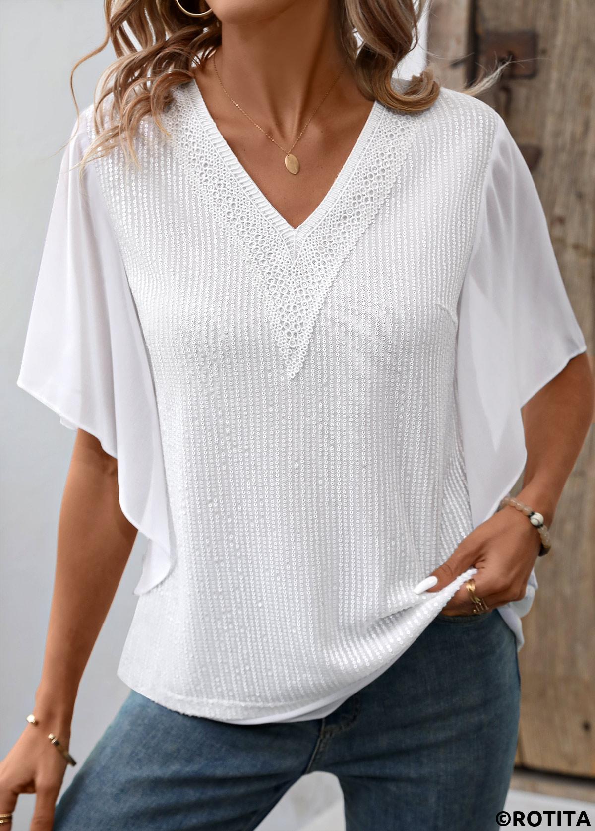 White tops,Plain Color tops,ROTITA Fake 2in1 White V Neck Short Sleeve T Shirt