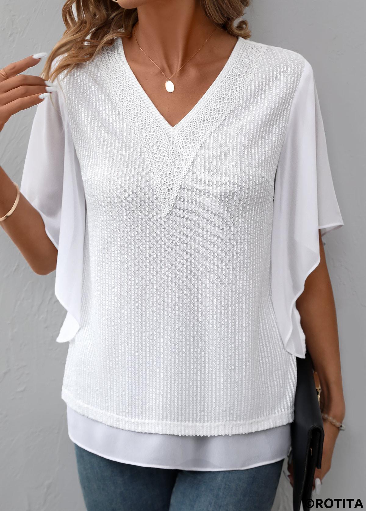 White tops,Plain Color tops,ROTITA Fake 2in1 White V Neck Short Sleeve T Shirt