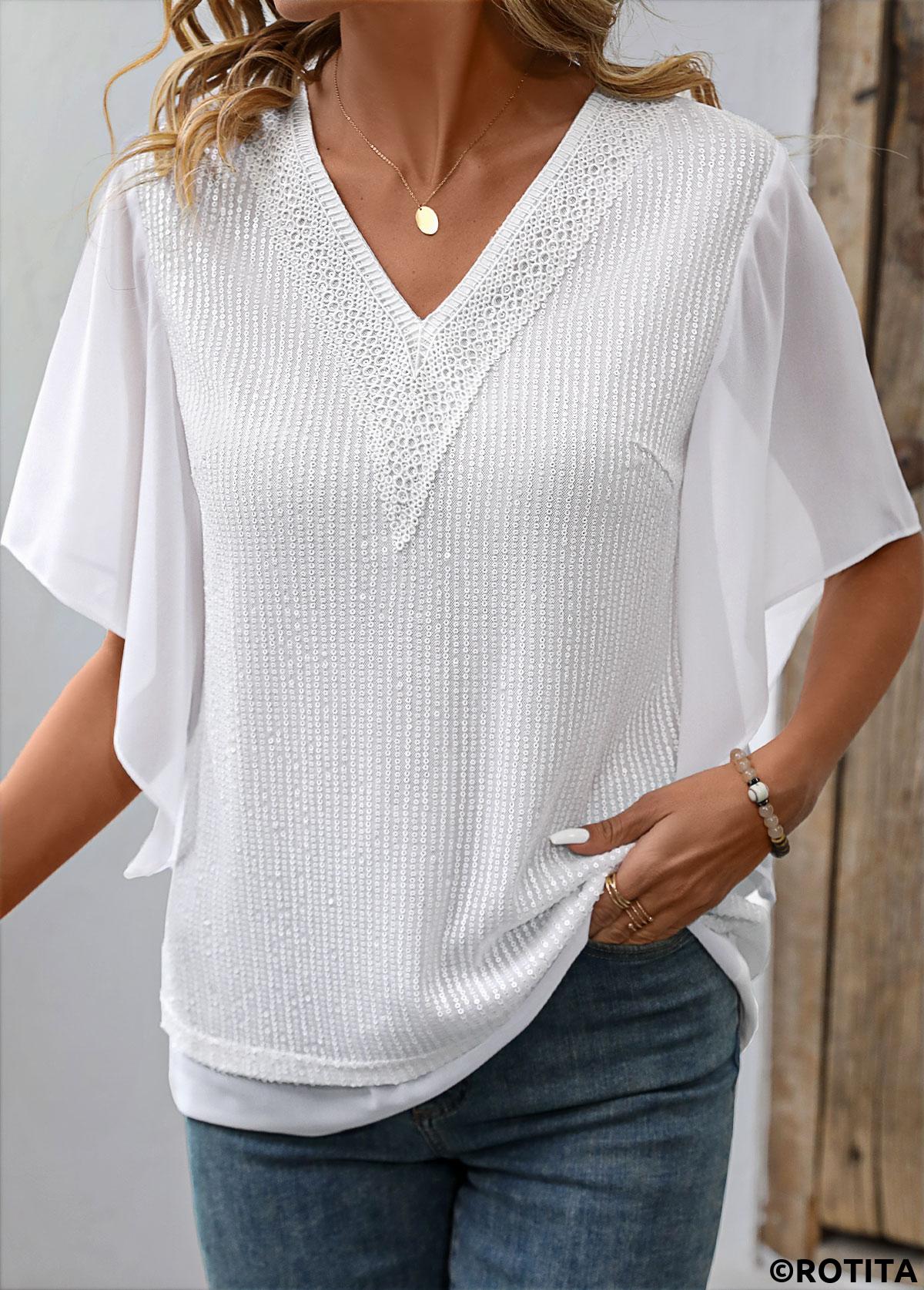 White tops,Plain Color tops,ROTITA Fake 2in1 White V Neck Short Sleeve T Shirt