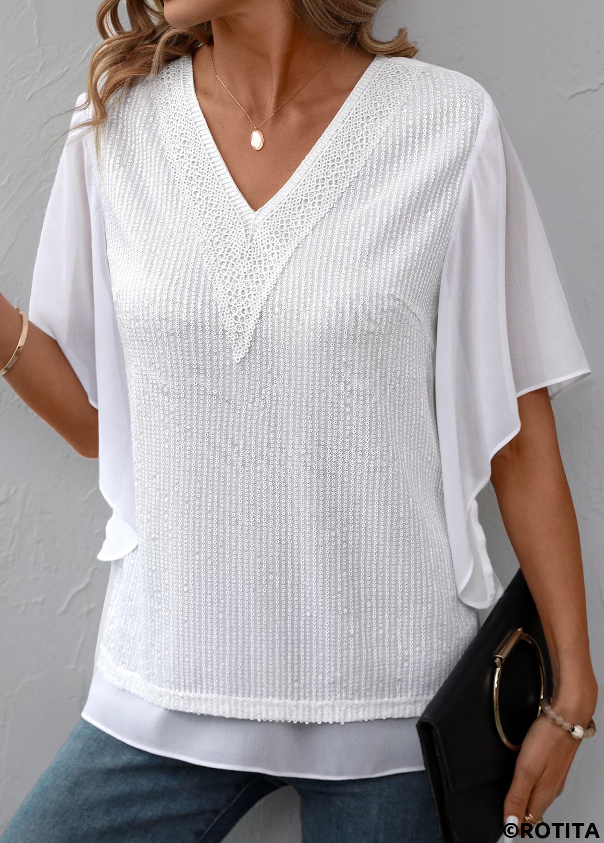 White tops,Plain Color tops,ROTITA Fake 2in1 White V Neck Short Sleeve T Shirt