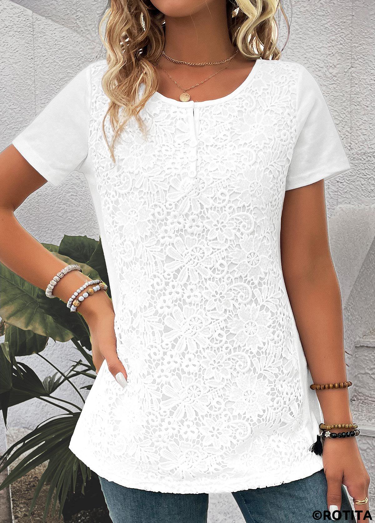 t-shirt blanc brodé à manches courtes et col rond